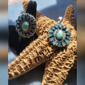 Amazonite & Aqua Calcedony Cluster Ring & Pendant Set